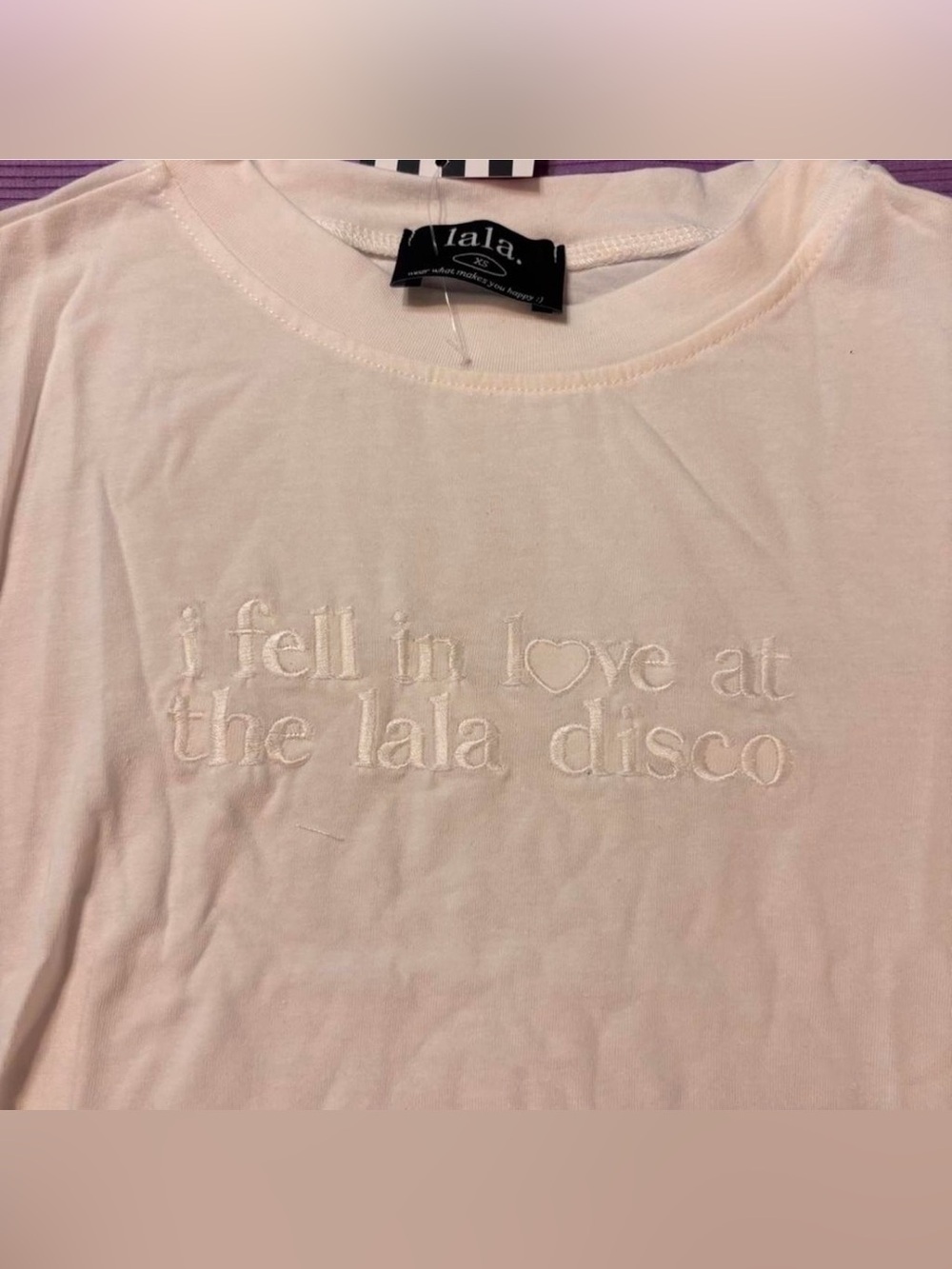 Dressed in LALA White Crop Top “I fell in love at the lala disco” - XS - Picture 3 of 4